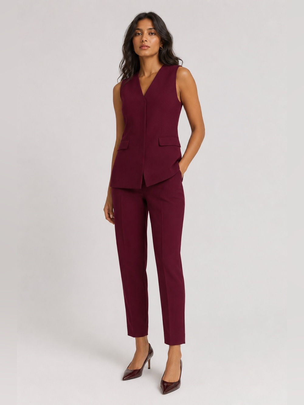 Zara set - Maroon pocket vest and mini flared pants